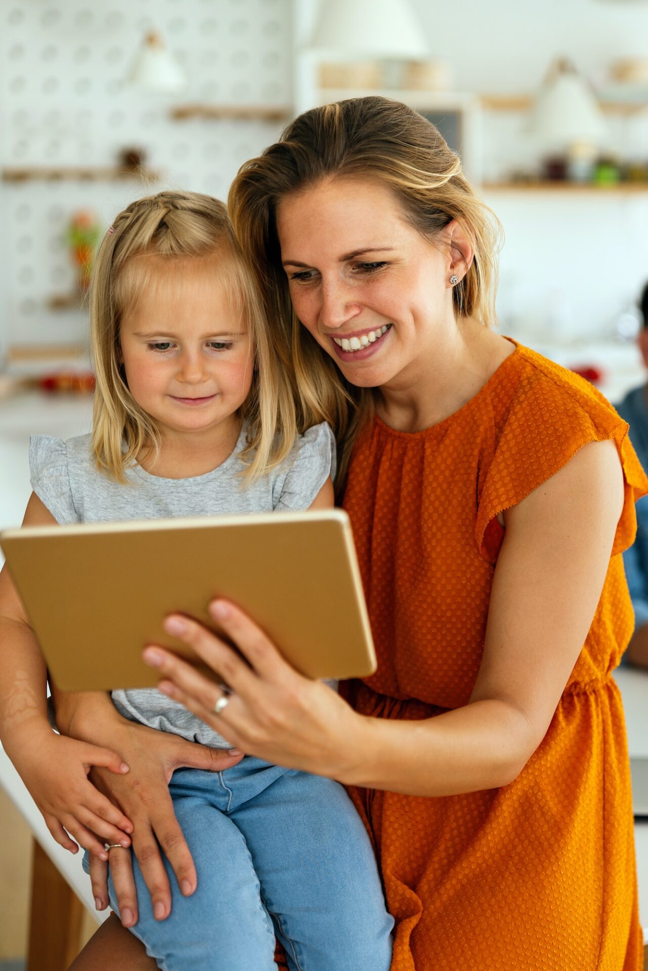 Device technology family online education concept. Happy family with digital devices at home.